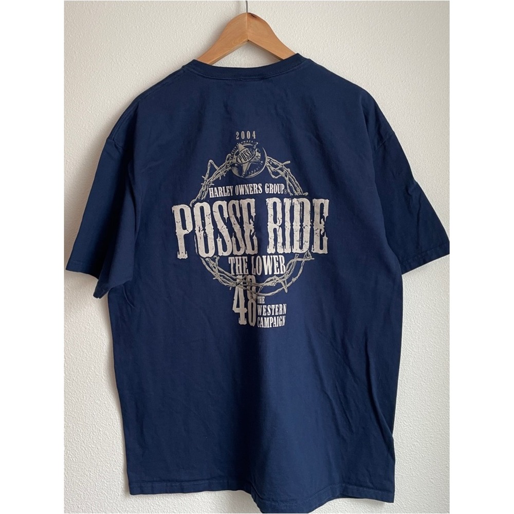 Vintage 2004 Harley Owners Group Posse Ride Navy Blue Pocket T-Shirt XL Hanes